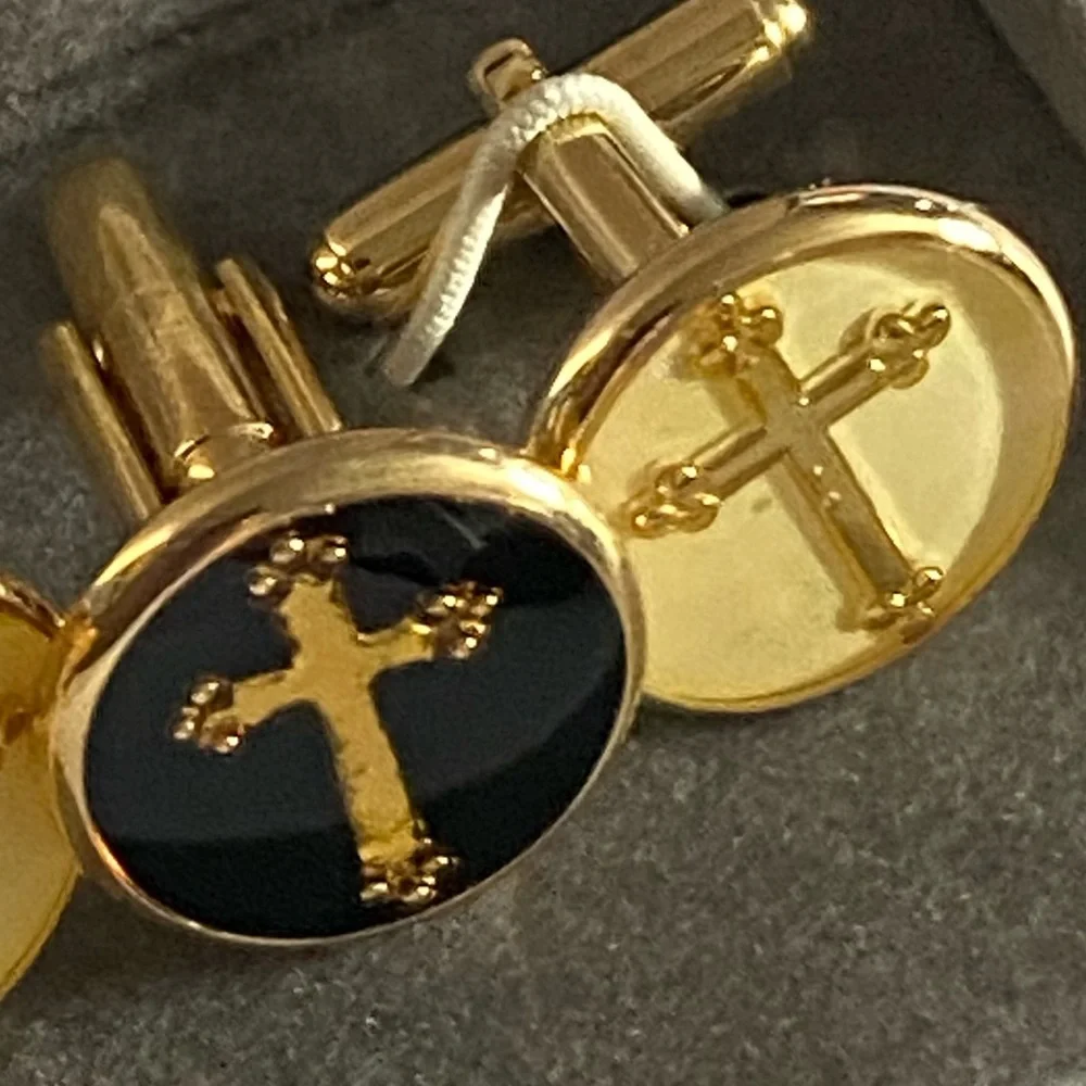 Emilio Ponti Roma Milano Gold and Black Budded Cross 2 Set of Cufflinks In Box